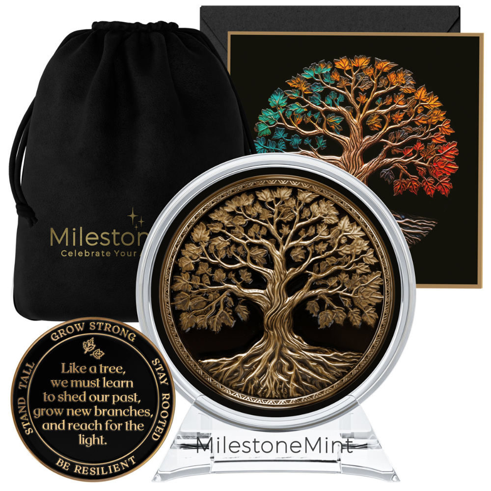 Tree of Life Affirmation Sobriety Coin Gift Set - Antique Gold