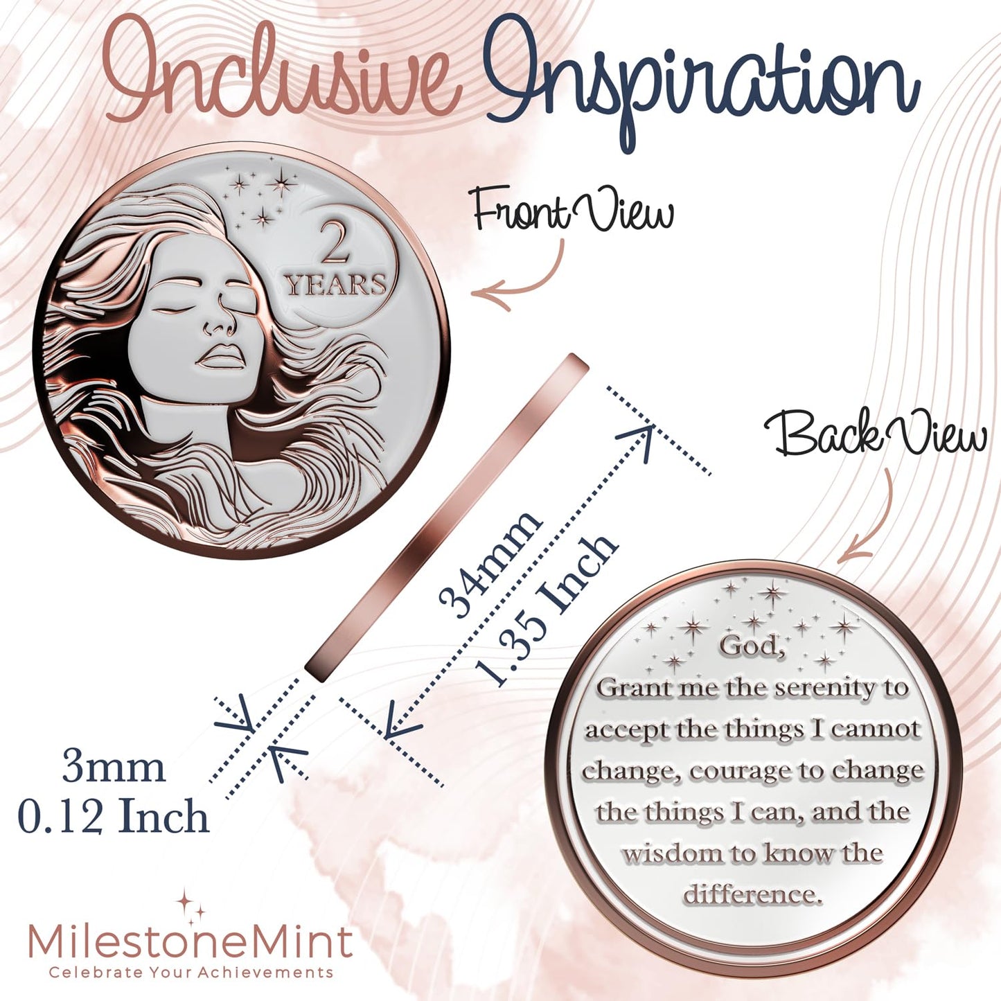 Woman's Serenity Token Sobriety Coin Gift Set Rose Gold