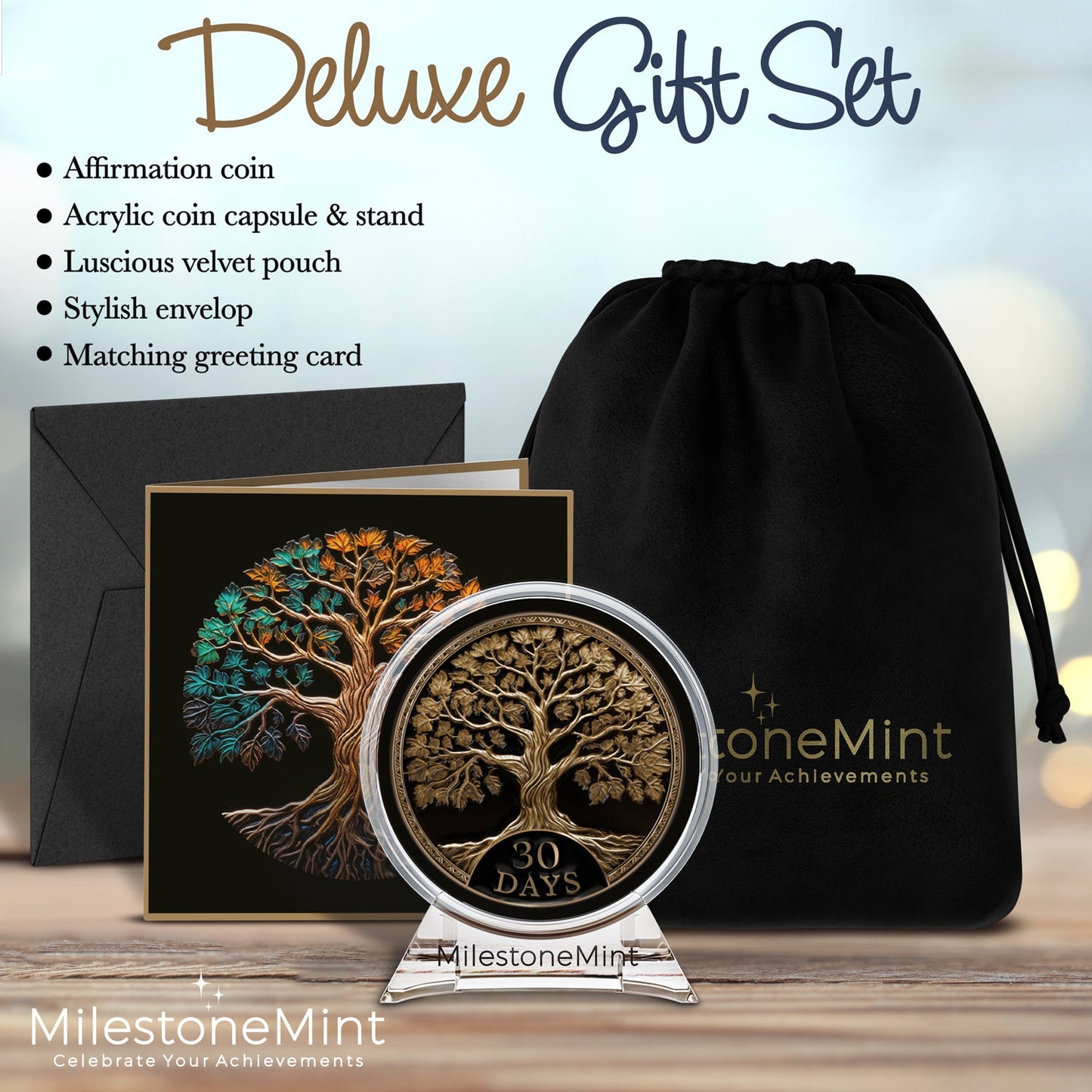 Tree of Life Affirmation Sobriety Coin Gift Set - Antique Gold