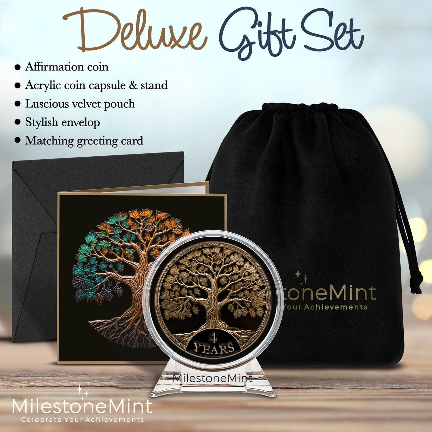 Tree of Life Affirmation Sobriety Coin Gift Set - Antique Gold