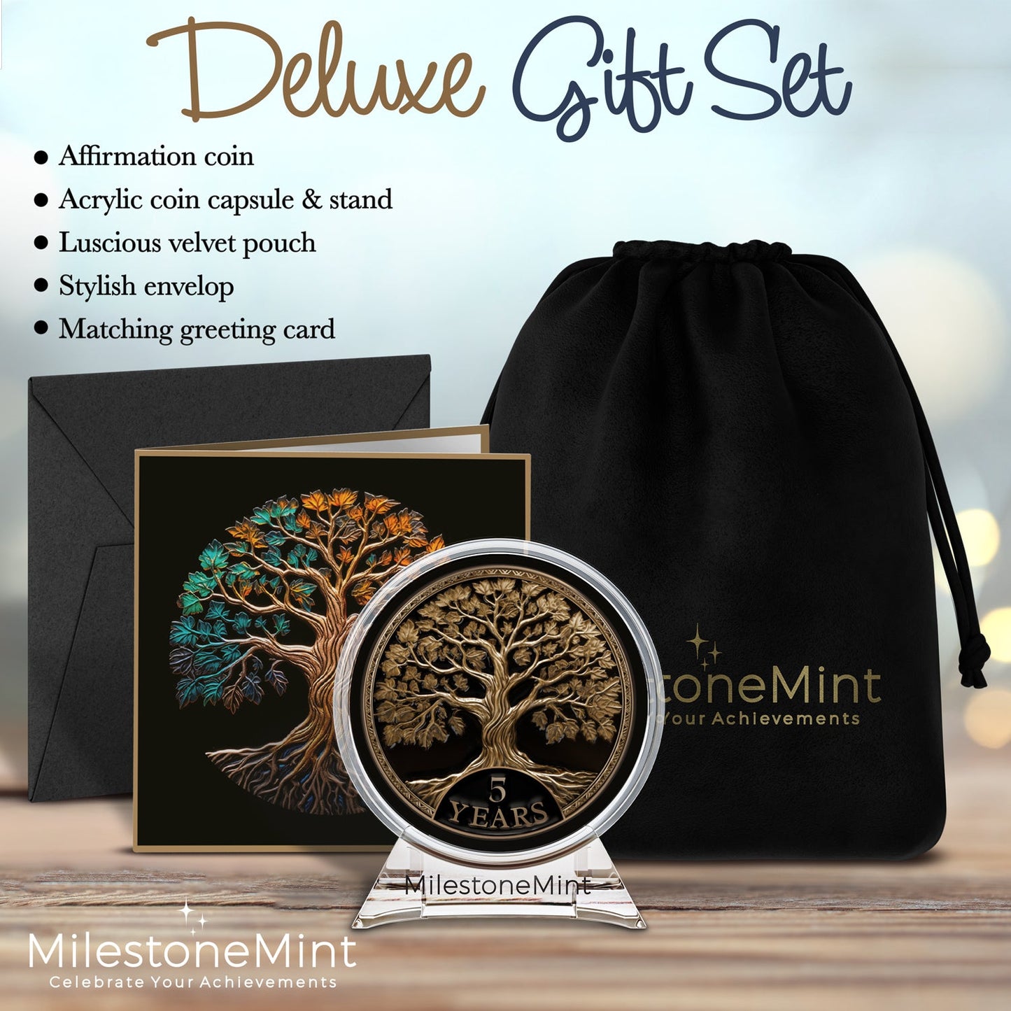 Tree of Life Affirmation Sobriety Coin Gift Set - Antique Gold
