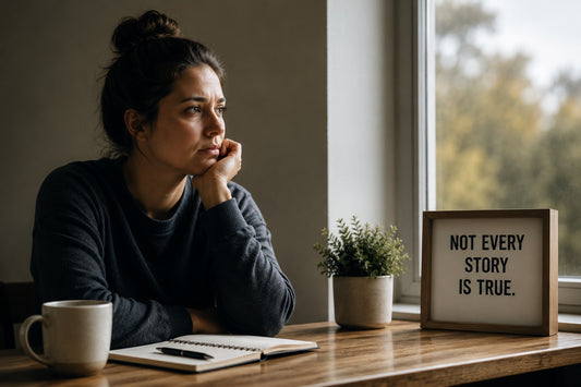 a woman sitting deep in thought next to a sign that reads not every story is true