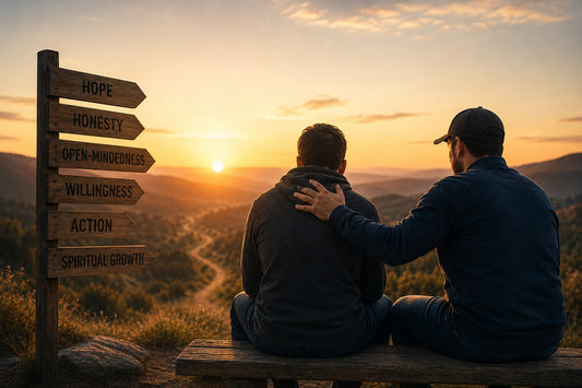 two guys sitting looking at a sunrise