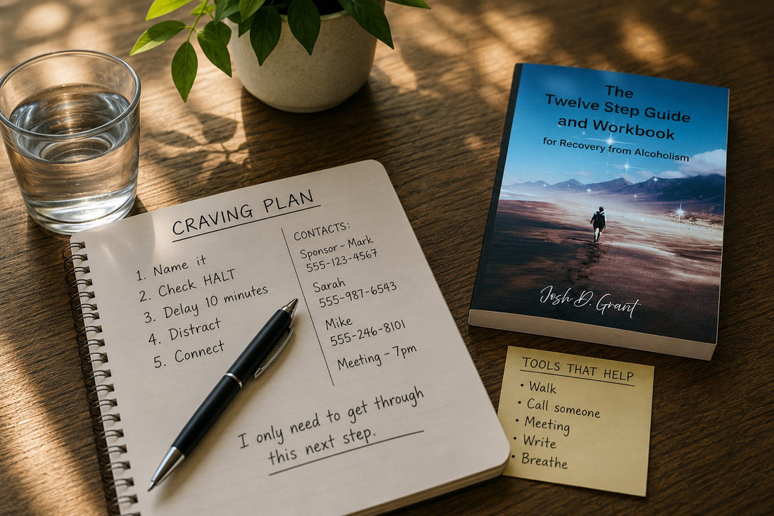 notebook on a table next to a glass of water with a pen on it and a twelve step workbook