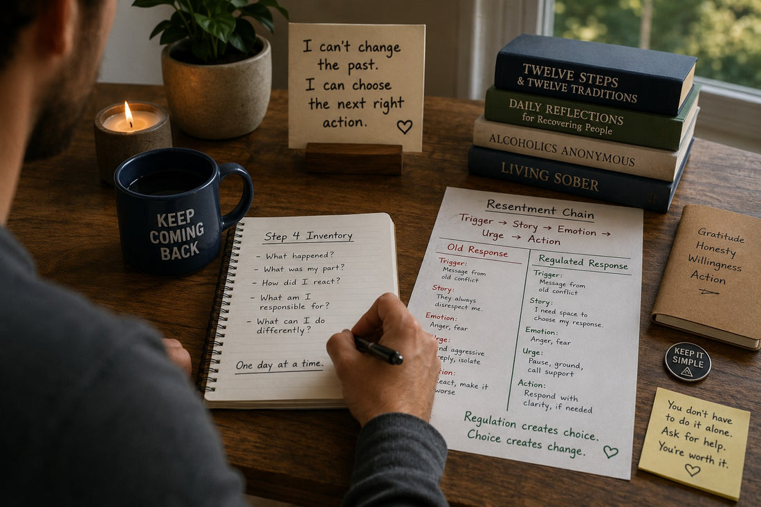 A man working on emotional regulation in twelve step work. There are lists and notes
