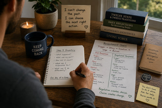 A man working on emotional regulation in twelve step work. There are lists and notes