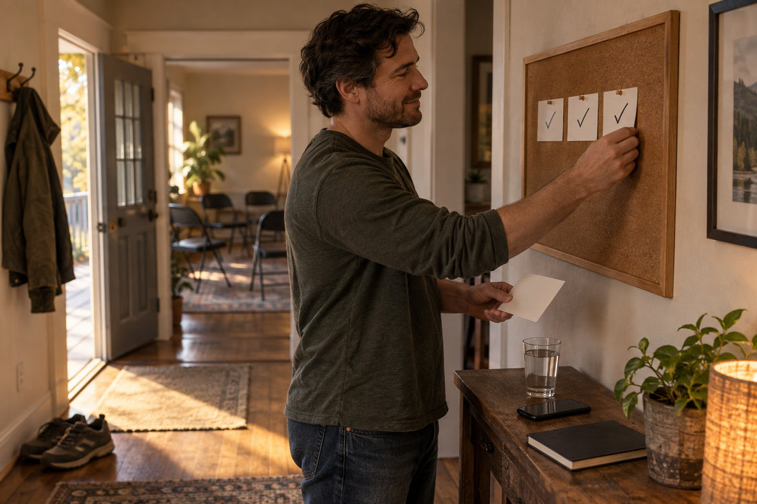 a man pinning on a bulletin board his sobriety milestones