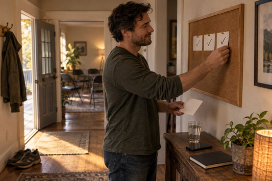 a man pinning on a bulletin board his sobriety milestones