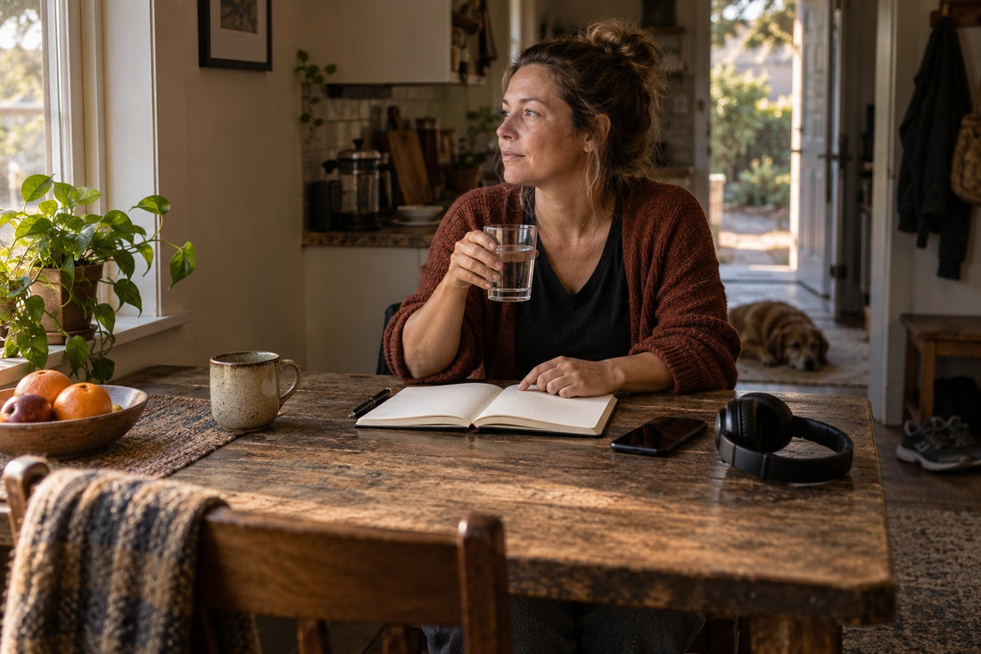 a woman holding a glass of water sitting at a table with a notebook and looking out the window