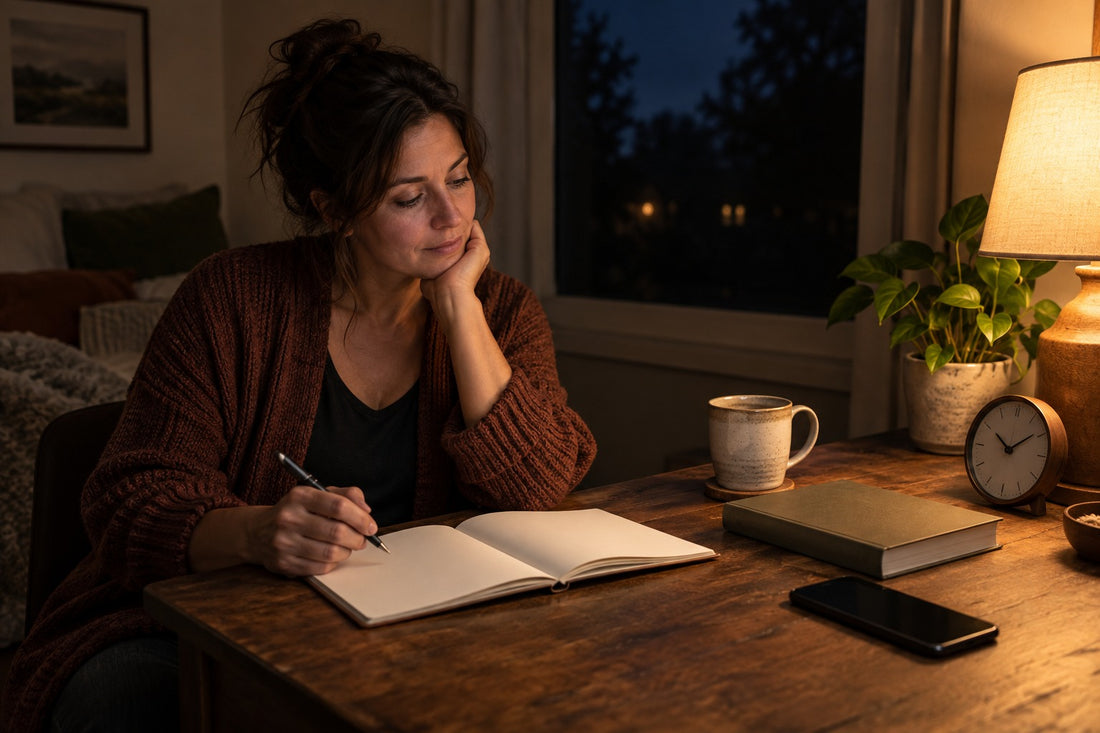 a woman sitting at a desk during the evening writing in a notebook