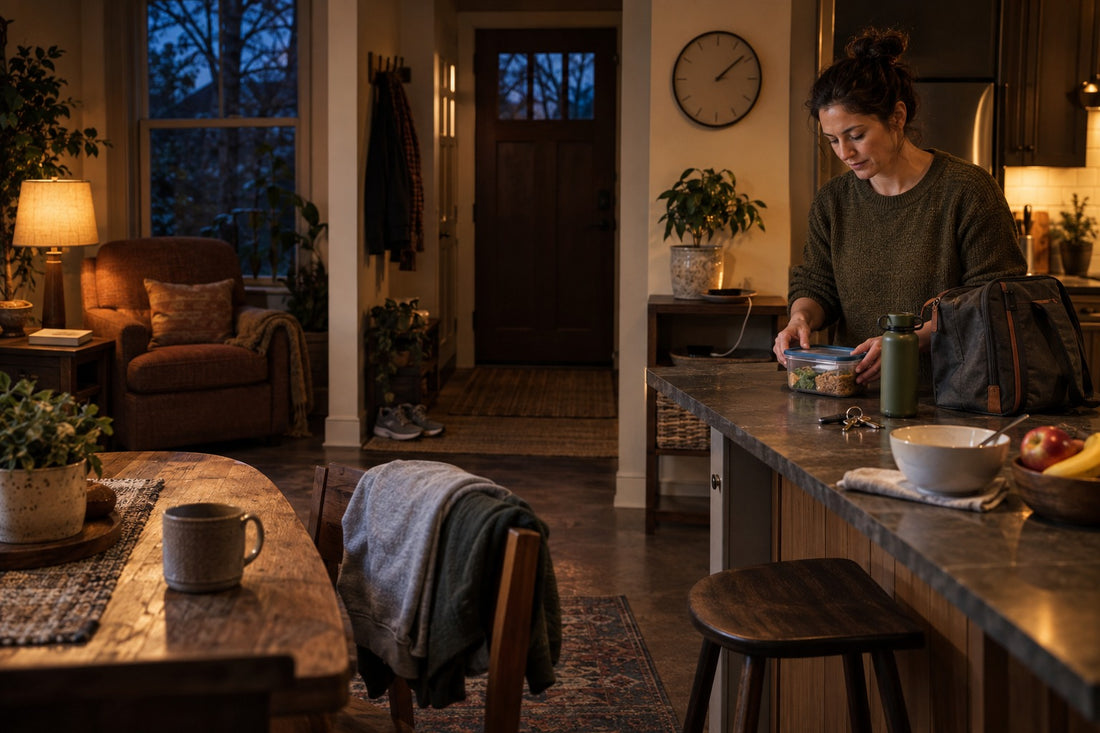 woman in kitchen preparing food as part of her early recovery daily routine