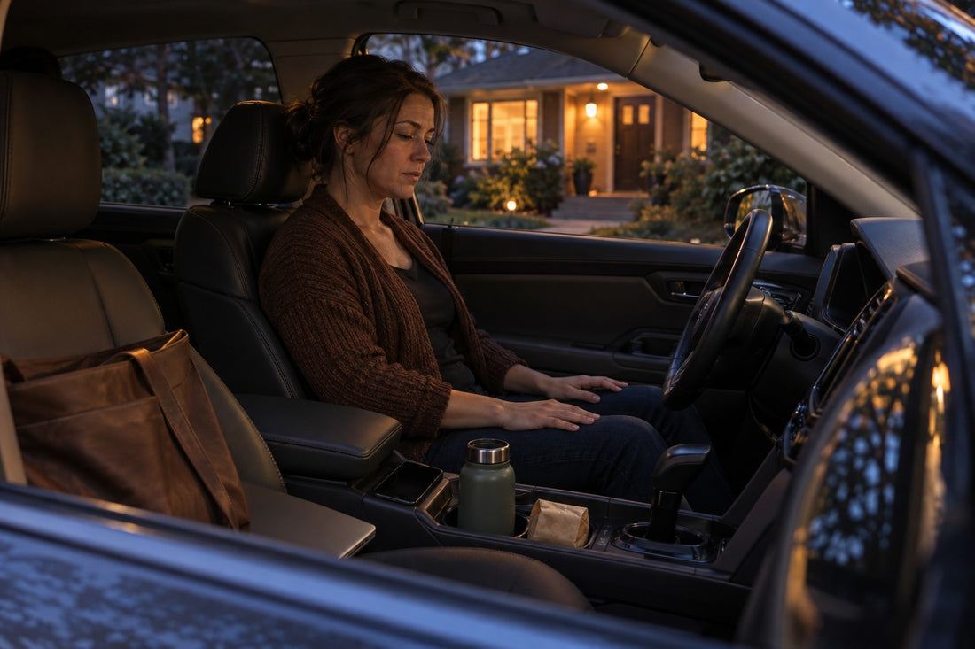 a woman sitting in her car