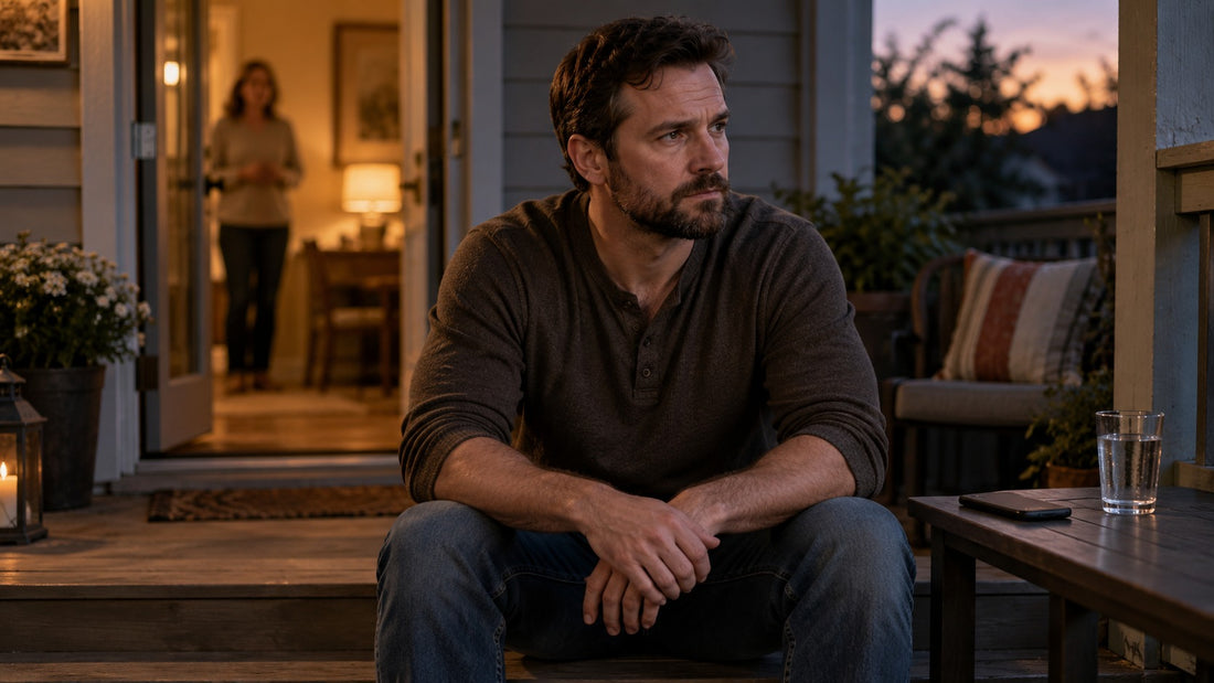 man sitting outside with woman inside looking