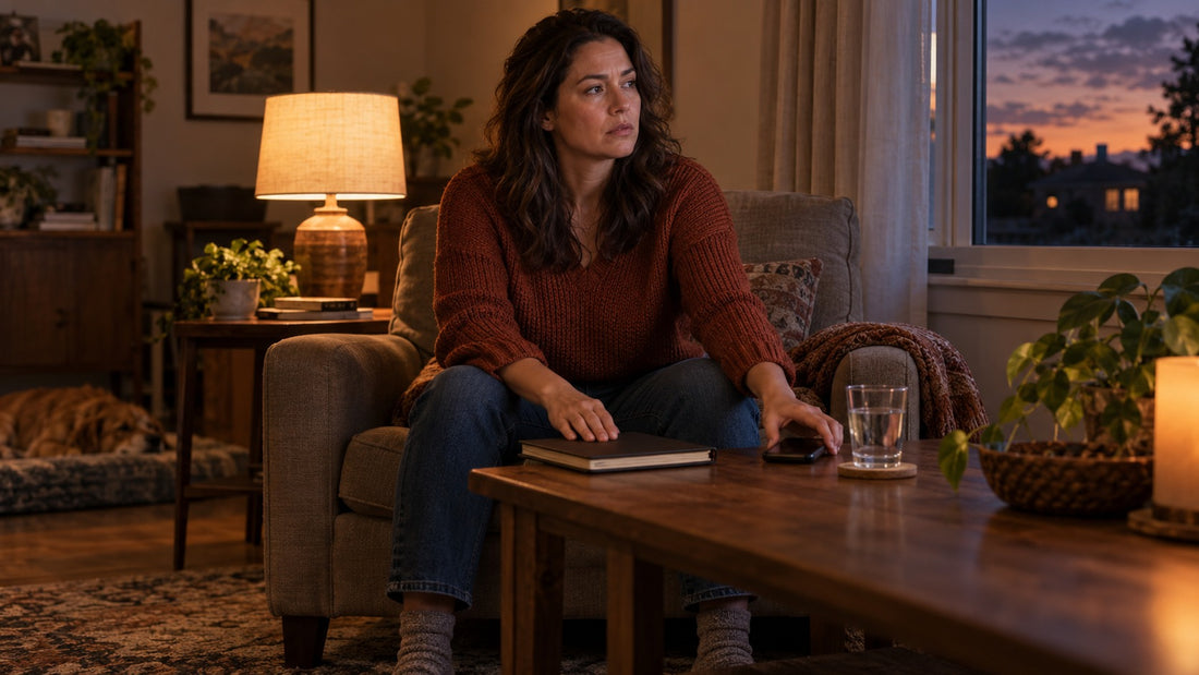 woman sitting comfortably with a notebook in front of her on the coffee table with a glass of water