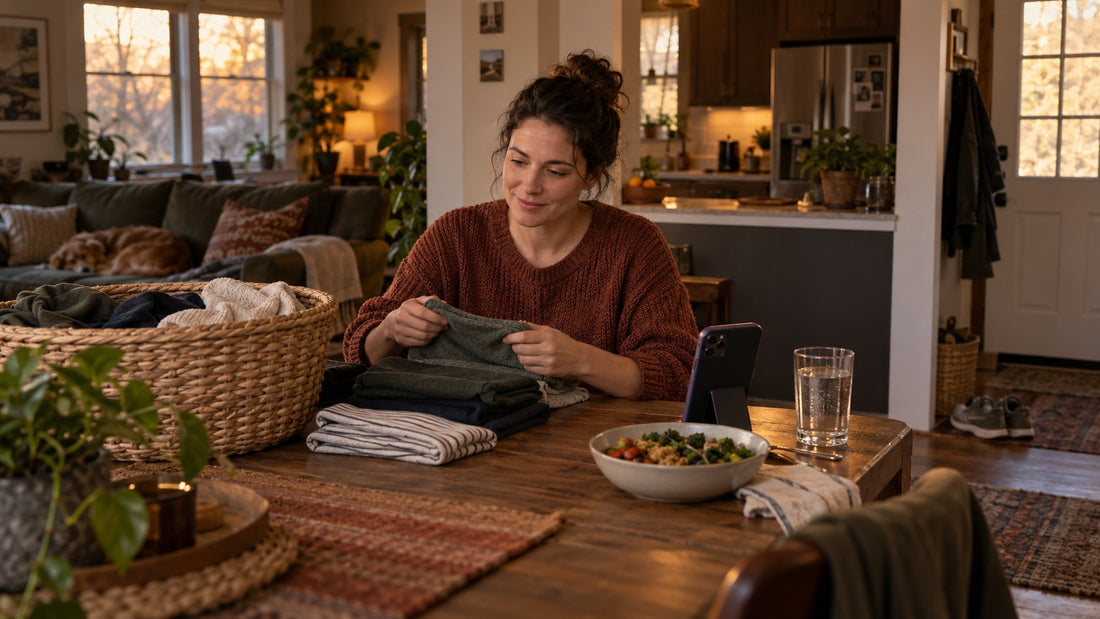 woman folding towels