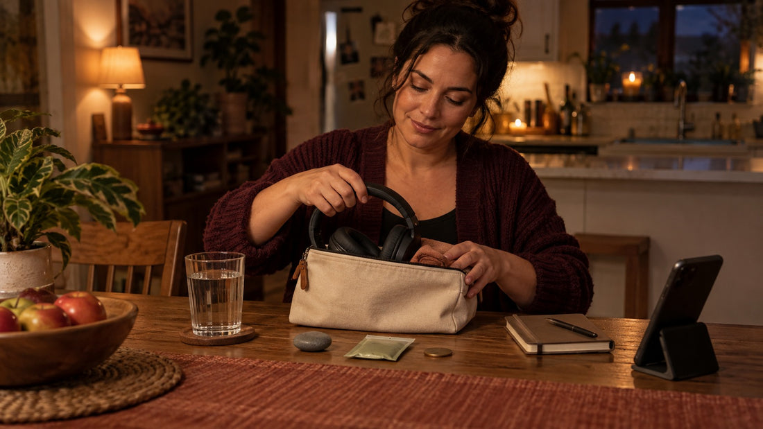 a woman putting something in her purse sitting at a table