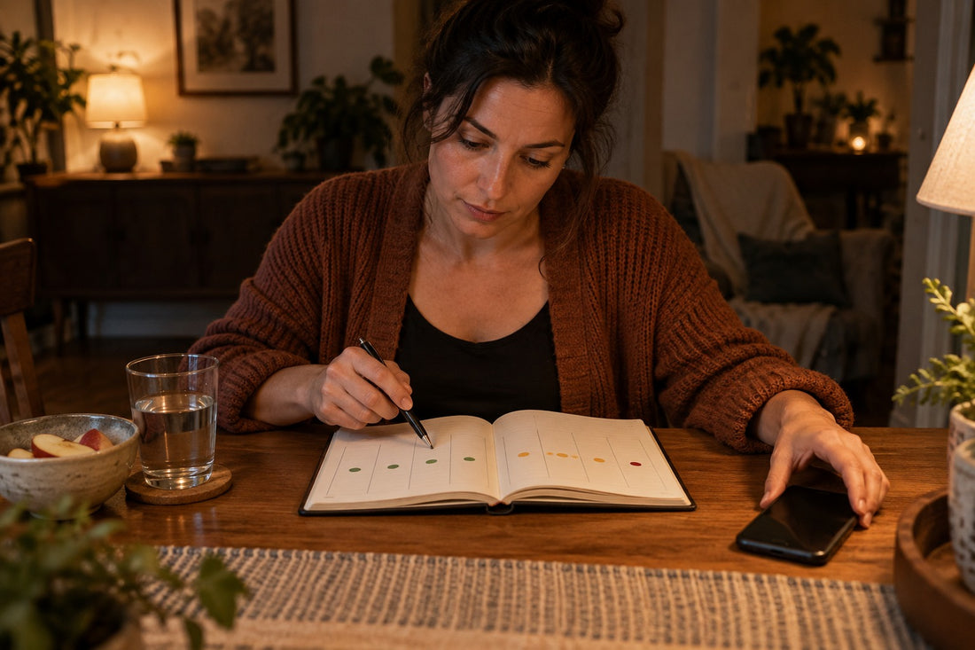 a woman writing in a book with her phone next to her