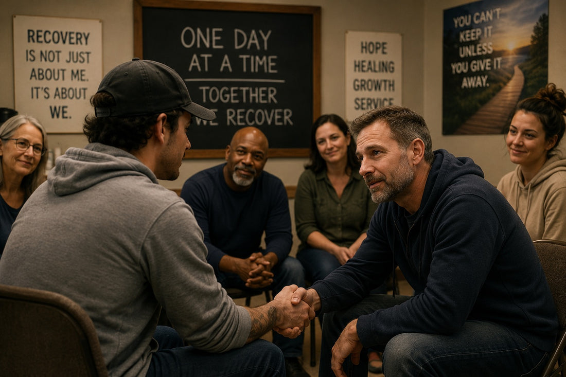 Staying sober in a small group in a recovery meeting with signs on the wall with sober slogans on them