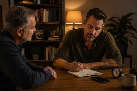 a man writing in a notebook with an older man watching