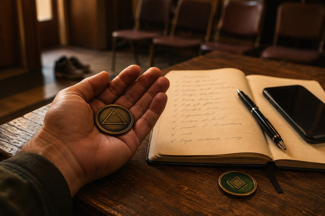a hand holding a sobriety milestone coin