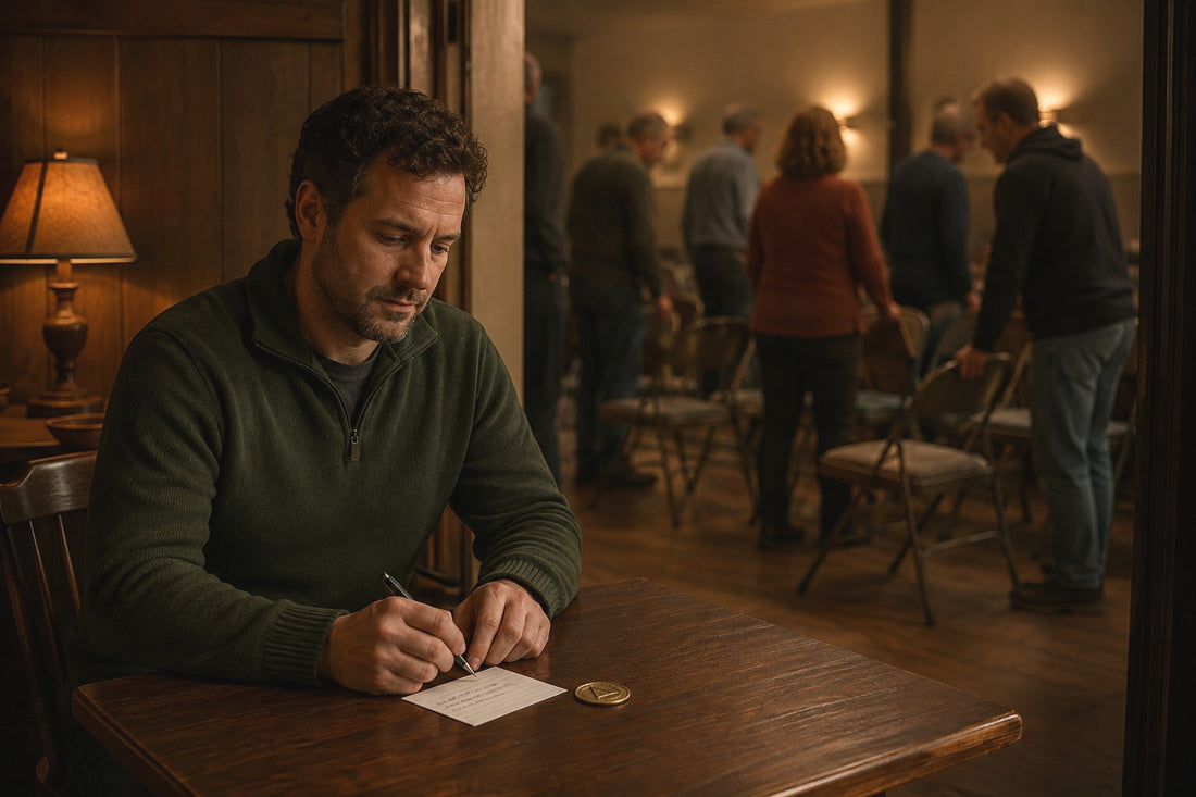 a man writing quietly by himself with a recovery group nearby