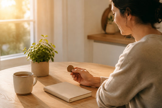Woman holding milestone coin sitting at a table with a small plant, notebook, and coffee cup
