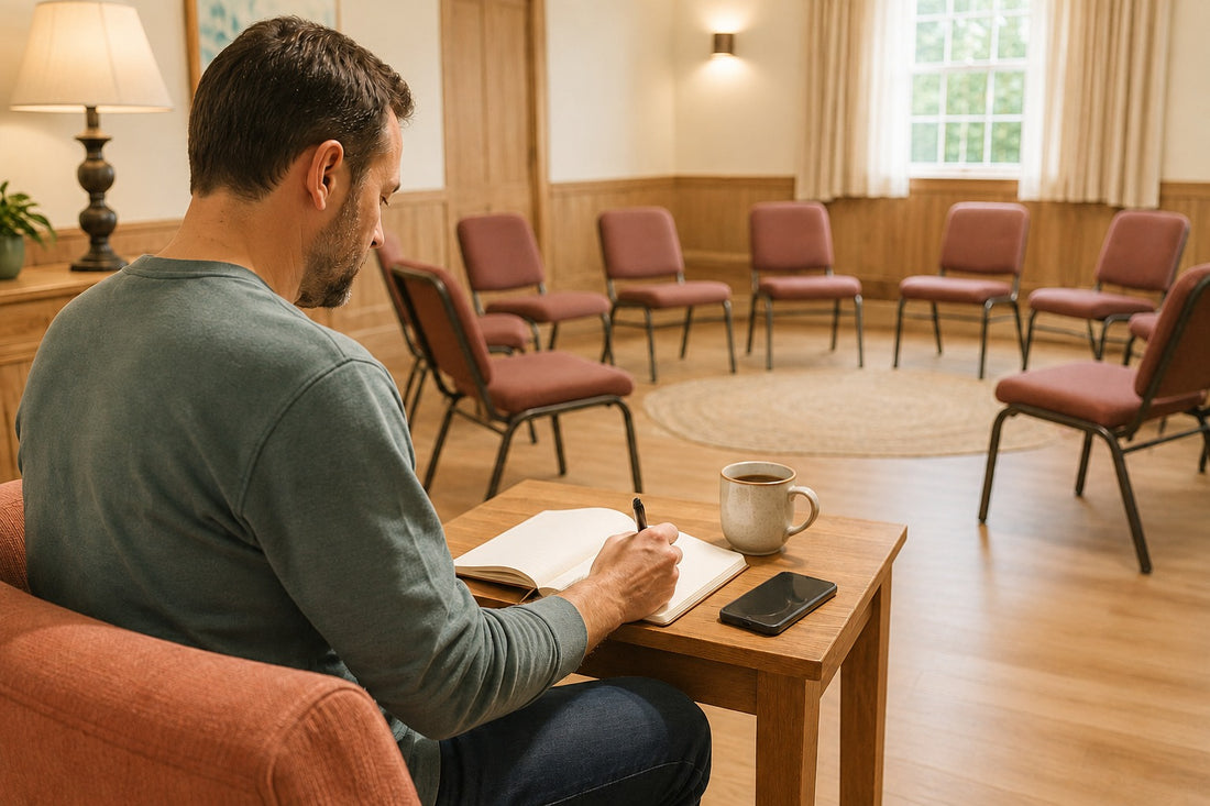 A man writing in a room next to a circle of chairs