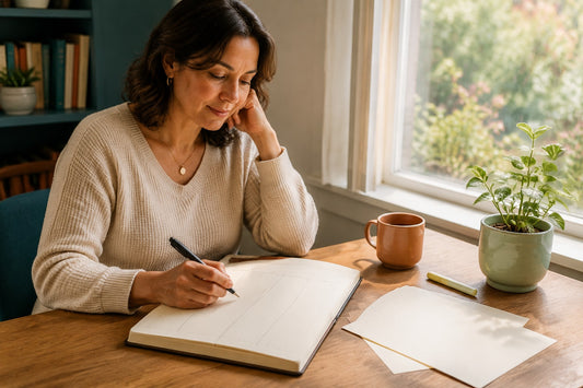 woman writing next to a coffee mug and small plant by the window