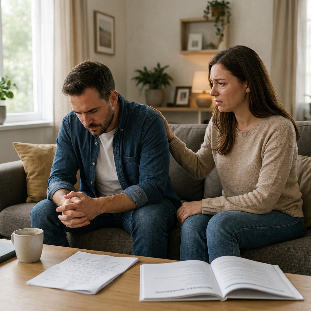 a man with his head low next to a woman on a couch trying to be supportive
