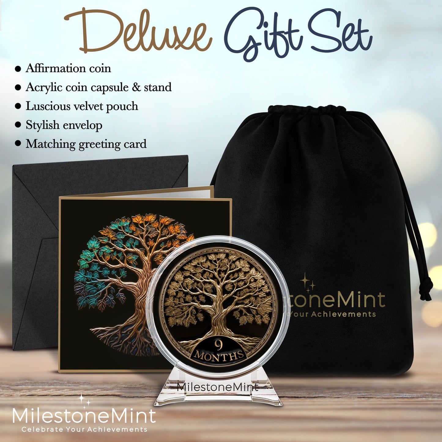 Tree of Life Affirmation Sobriety Coin Gift Set - Antique Gold